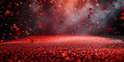 Colorful red confetti falling over a sparkling surface during a festive celebration at night photo