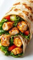 Grilled chicken wrap filled with fresh vegetables and wrapped in a warm tortilla photo