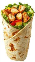 Grilled chicken wrap filled with fresh vegetables in a soft tortilla served on a clean white background photo