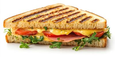 Delicious grilled sandwich with cheese, ham, and fresh vegetables served on toasted bread photo