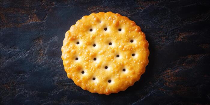 Round crispy cracker resting on a dark surface ready for snacks or toppings at any gathering photo