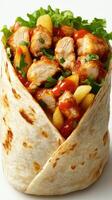 Delicious chicken wrap filled with fresh ingredients served on a white background photo