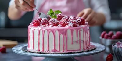 Baker decorates a pink raspberry cake with fresh fruit and mint in a modern kitchen setting photo