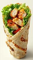 Grilled chicken wrap filled with fresh lettuce and tomatoes in a soft tortilla photo