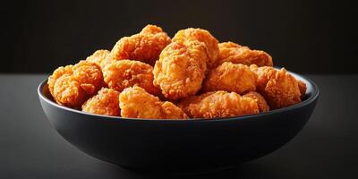 Crispy fried chicken nuggets served in a black bowl against a dark background photo