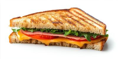 Delicious grilled sandwich with cheese, ham, lettuce, and tomato served on toasted bread photo