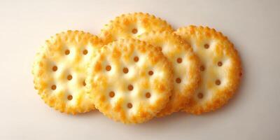 Simple round crackers arranged neatly on a light background suitable for any snack or appetizer photo
