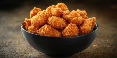 Crispy golden fried chicken bites served in a black bowl ideal for sharing at gatherings or parties photo