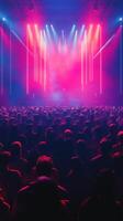 Large audience enjoying vibrant concert lights at a music festival during the evening in a dynamic urban setting photo