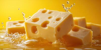 Cheddar cheese blocks splashing in creamy sauce against a vibrant yellow background photo