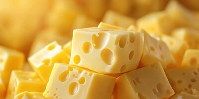 Cube-shaped yellow cheese pieces stacked together, showcasing texture and color in a warm setting photo