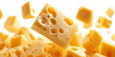 Floating cheese blocks in mid-air create an interesting and playful food display photo