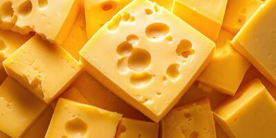 Blocks of cheese with holes stacked in a warm yellow light creating an appealing culinary display photo