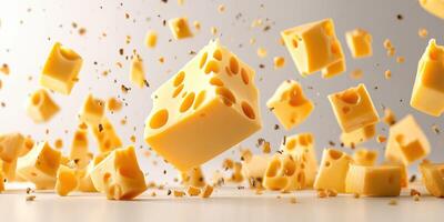 Cheese cubes falling and creating a playful arrangement against a light background photo