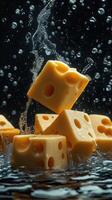 Cheese cubes splash into water creating dynamic movement and texture in a creative kitchen setting photo