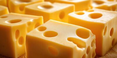 Delicious slices of cheese with holes arranged on a wooden board in a cozy kitchen setting photo