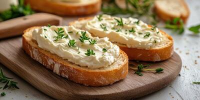 Creamy spread topped on rustic bread with fresh herbs at a cozy kitchen setting photo