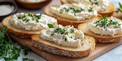 Creamy cheese spread on toasted bread topped with fresh herbs in a cozy kitchen setting photo