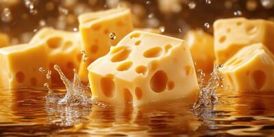 Cheese cubes splash in water creating a dynamic, appetizing visual at a culinary event in a lively kitchen photo