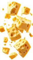 Cubes of yellow cheese floating and breaking apart in a playful arrangement with holes and texture visible photo