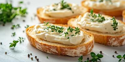 Freshly prepared bread slices topped with creamy spread and garnished with herbs on a clean white surface photo