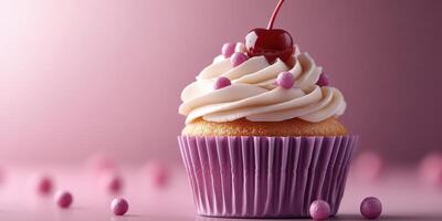 Delightful cupcake with creamy frosting and cherry placed on a pastel background ideal for dessert lovers photo