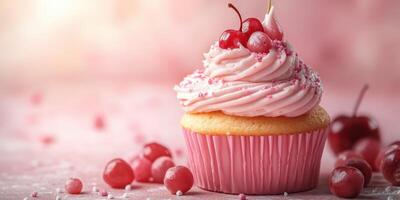 Sweet cupcake topped with pink frosting and cherries perfect for dessert lovers at a celebration photo
