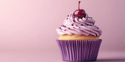 Delicious purple cupcake topped with cherry on a pastel background showcasing dessert artistry and sweet indulgence photo