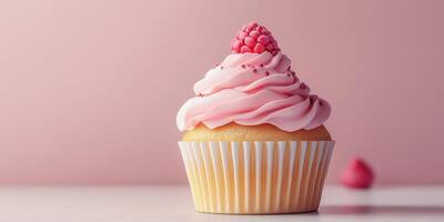 Delicious cupcake with pink frosting and raspberry decoration against a soft pink background photo