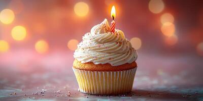 Celebrate with a delicious cupcake topped with a candle and festive sparkles during a joyful birthday party photo