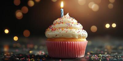 Colorful cupcake with a single candle lit, showcasing a festive celebration during a special occasion photo