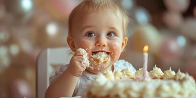 Baby enjoying cake at first birthday celebration surrounded by colorful balloons and decorations photo