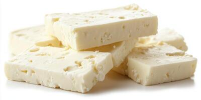 Creamy white cheese blocks arranged on a white surface perfect for culinary use in various dishes and cheese platters photo