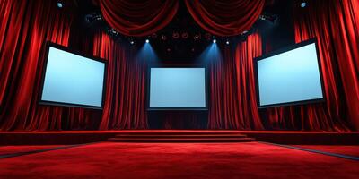 Stage setup with red curtains and empty screens for an upcoming presentation or event photo