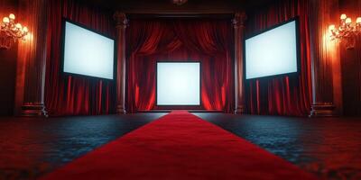 Elegant theater stage with red velvet drapes and bright screens for a captivating performance in a grand venue photo