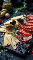 Savory cheese and charcuterie platter displayed on a dark slate board with herbs and olives at a cozy gathering photo