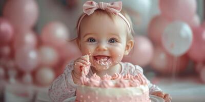 Sweet celebration featuring a joyful baby enjoying cake at a pink-themed birthday party photo
