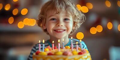 Smiling child celebrates birthday with colorful cake and glowing candles surrounded by festive lights photo