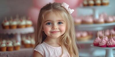 Little girl smiling with pink cupcakes in the background at a birthday celebration photo