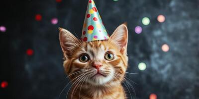Cute orange kitten wearing a party hat against a colorful bokeh background celebrating a joyful occasion photo