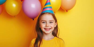 Happy child celebrating a birthday with colorful balloons and a party hat against a bright yellow background photo