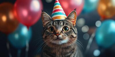 Cat celebrates birthday with colorful balloons and festive party hat in cheerful atmosphere photo