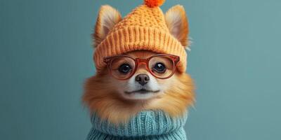 Charming Chihuahua wears knitted hat and glasses in playful indoor setting with soft blue backdrop photo