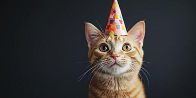 Cat wearing colorful party hat looks curiously at the camera during a celebration at home photo