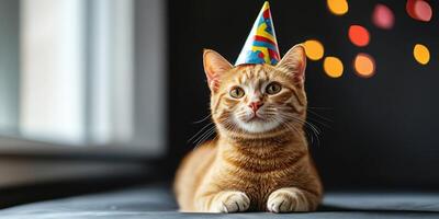 Cat wearing a colorful party hat celebrates a special occasion indoors with festive decorations photo