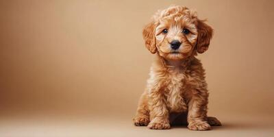 Cute fluffy puppy sitting on a beige background with curious expression and soft curls under warm light photo