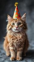 Charming party cat in festive hat poses for a delightful celebration indoors photo