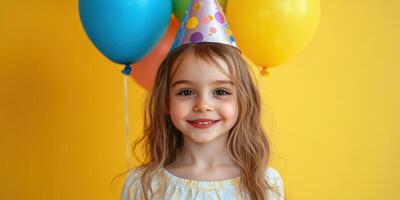 Celebrating a joyful birthday with colorful balloons and a party hat in a bright yellow setting photo