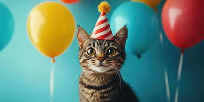 Adorable cat celebrating with a party hat amidst colorful balloons at a festive gathering photo