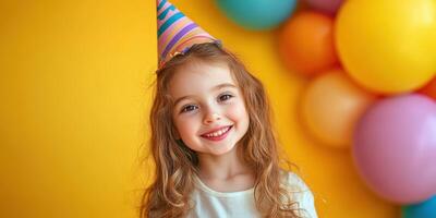 Smiling girl wearing a party hat in front of colorful balloons celebrating a joyful birthday party photo
